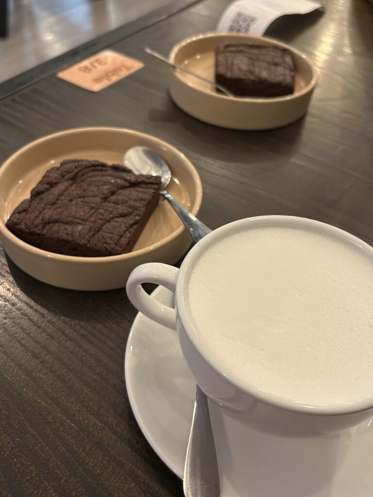 Hot latte and brownie at March Cafe